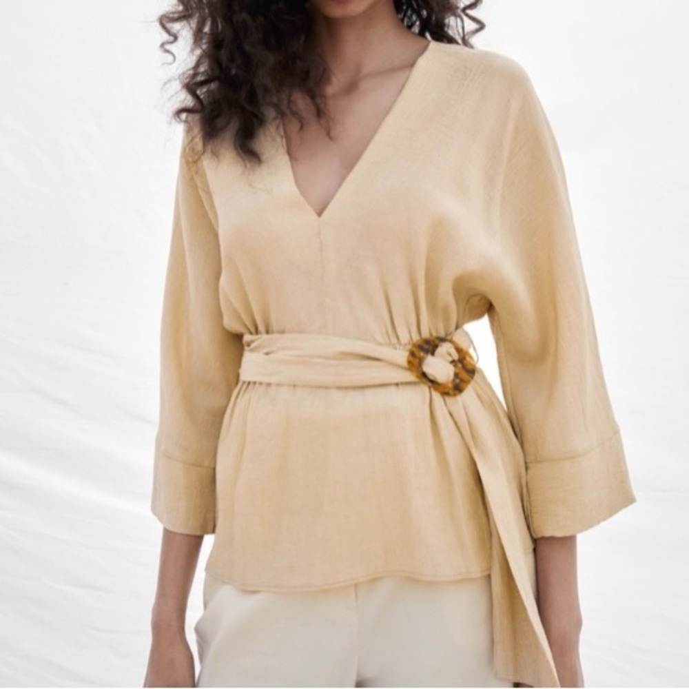 Zara Gauze Drop Shoulder Belted V-Neck Top Small Beige - Picture 6 of 7